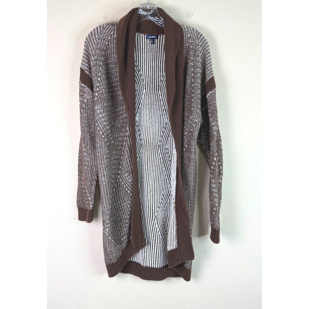 Tildon Cardigan Women XS/S Brown White Geometric Shawl Collar Open Longline
